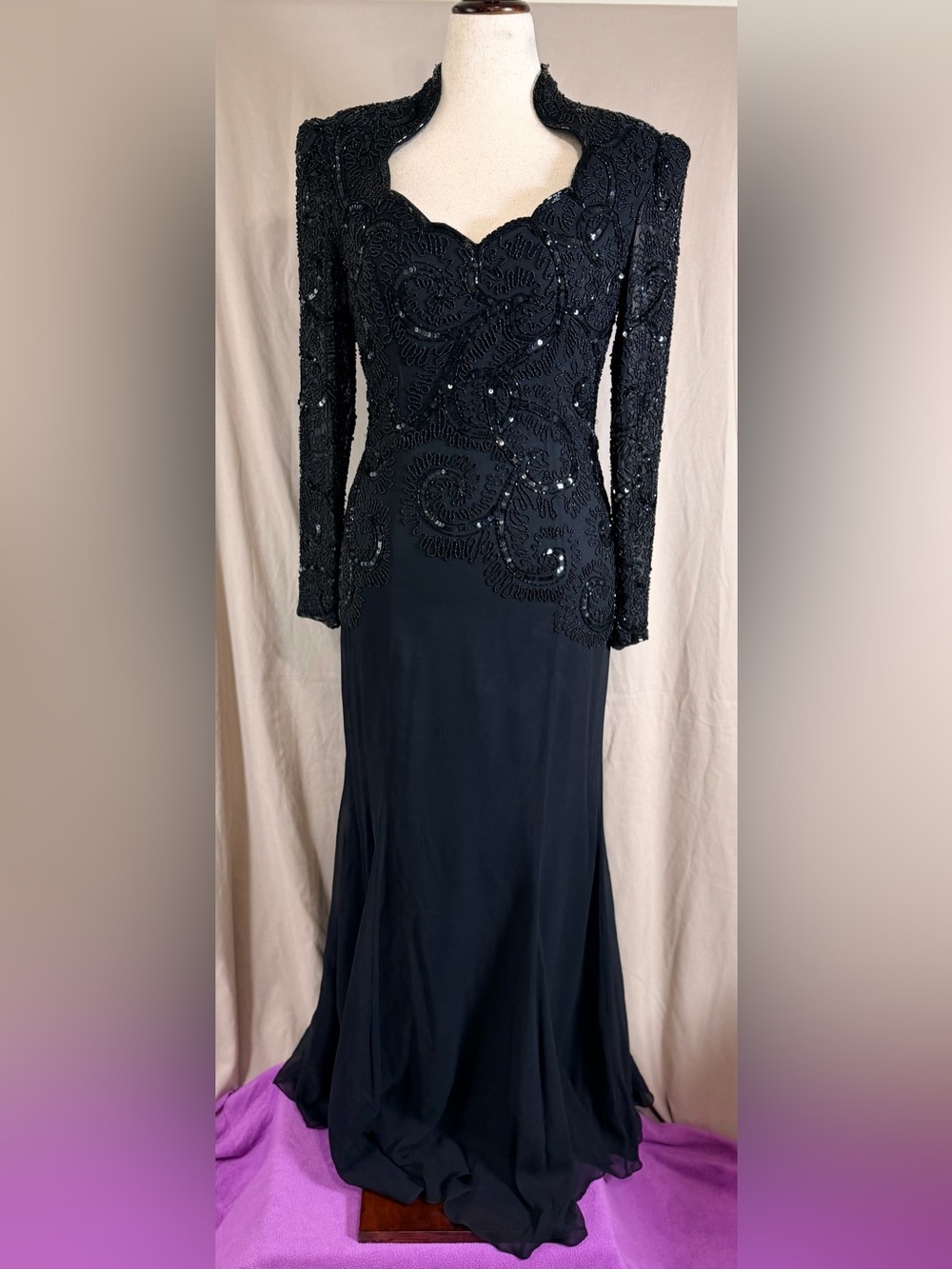 Oleg Cassini Silk Evening Gown Black Beaded Long-Sleeve front slit black tie
